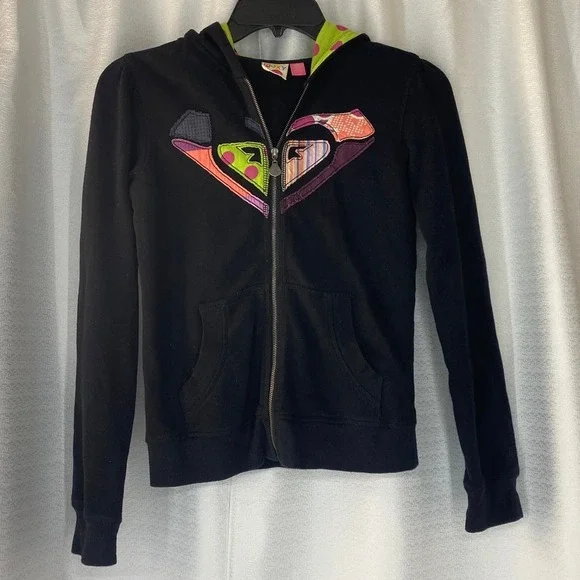 Roxy Appliquéd Hoodie black zip lined women sz M - Picture 1 of 7